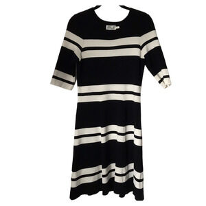 Eliza J Dress Size 8P Fit & Flare Black With White Bold Stripes Short Sleeve